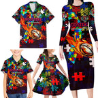 Roosters Autism Awareness Family Matching Long Sleeve Bodycon Dress and Hawaiian Shirt Puzzle Flames Rugby Ball