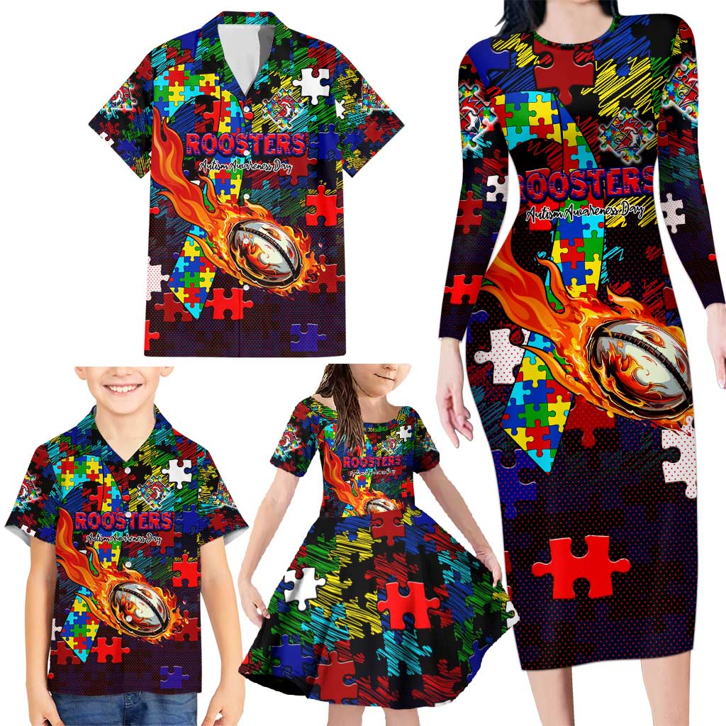 Roosters Autism Awareness Family Matching Long Sleeve Bodycon Dress and Hawaiian Shirt Puzzle Flames Rugby Ball