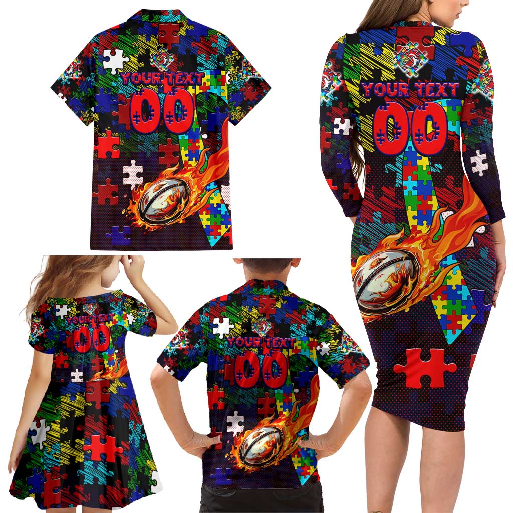 Roosters Autism Awareness Family Matching Long Sleeve Bodycon Dress and Hawaiian Shirt Puzzle Flames Rugby Ball