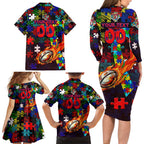 Roosters Autism Awareness Family Matching Long Sleeve Bodycon Dress and Hawaiian Shirt Puzzle Flames Rugby Ball