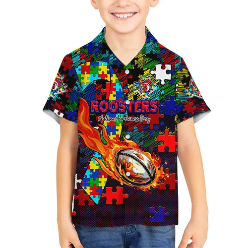 Roosters Autism Awareness Family Matching Long Sleeve Bodycon Dress and Hawaiian Shirt Puzzle Flames Rugby Ball