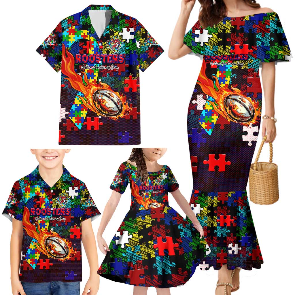 Roosters Autism Awareness Family Matching Mermaid Dress and Hawaiian Shirt Puzzle Flames Rugby Ball