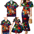 Roosters Autism Awareness Family Matching Mermaid Dress and Hawaiian Shirt Puzzle Flames Rugby Ball