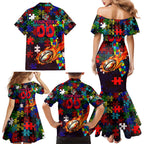 Roosters Autism Awareness Family Matching Mermaid Dress and Hawaiian Shirt Puzzle Flames Rugby Ball