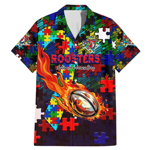 Roosters Autism Awareness Family Matching Mermaid Dress and Hawaiian Shirt Puzzle Flames Rugby Ball