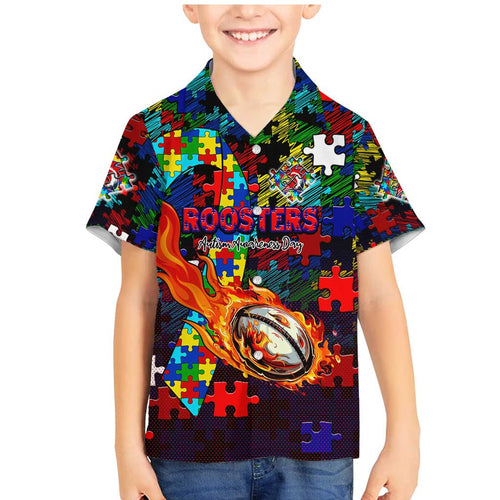 Roosters Autism Awareness Family Matching Mermaid Dress and Hawaiian Shirt Puzzle Flames Rugby Ball