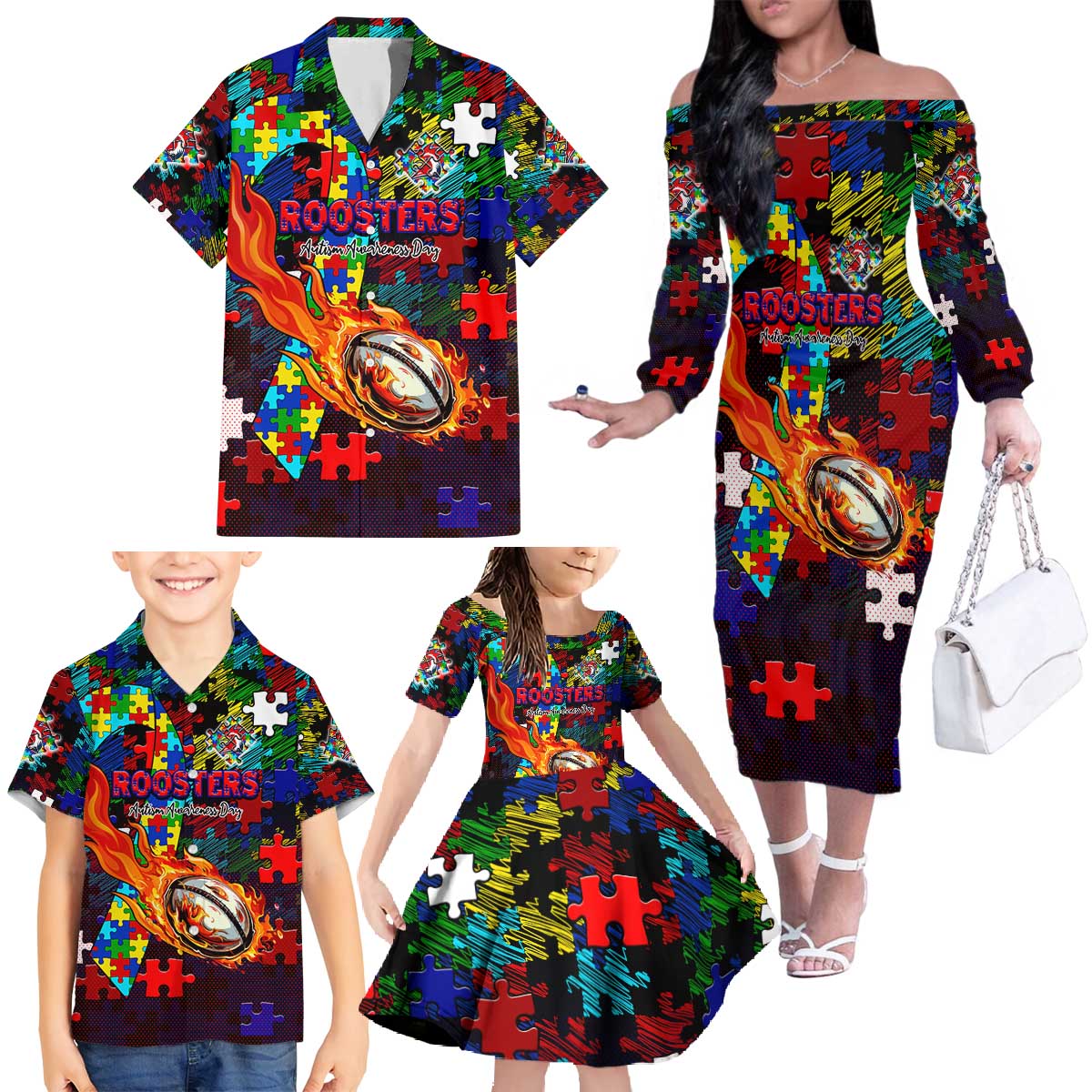 Roosters Autism Awareness Family Matching Off The Shoulder Long Sleeve Dress and Hawaiian Shirt Puzzle Flames Rugby Ball