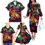 Roosters Autism Awareness Family Matching Off The Shoulder Long Sleeve Dress and Hawaiian Shirt Puzzle Flames Rugby Ball