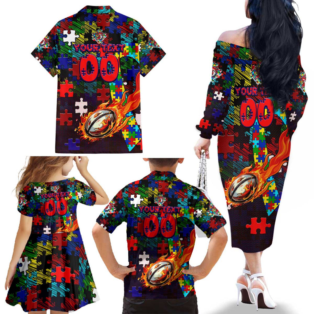 Roosters Autism Awareness Family Matching Off The Shoulder Long Sleeve Dress and Hawaiian Shirt Puzzle Flames Rugby Ball