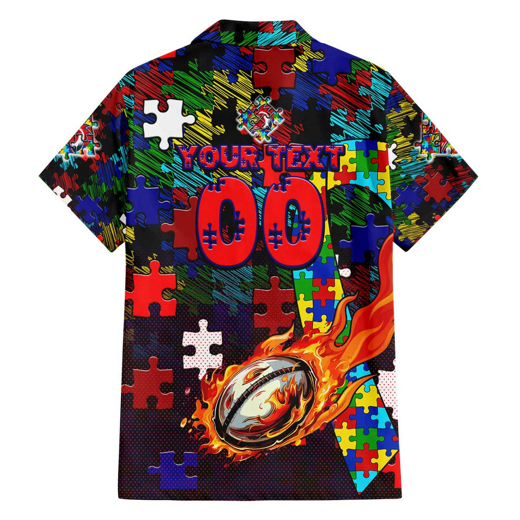 Roosters Autism Awareness Family Matching Off The Shoulder Long Sleeve Dress and Hawaiian Shirt Puzzle Flames Rugby Ball
