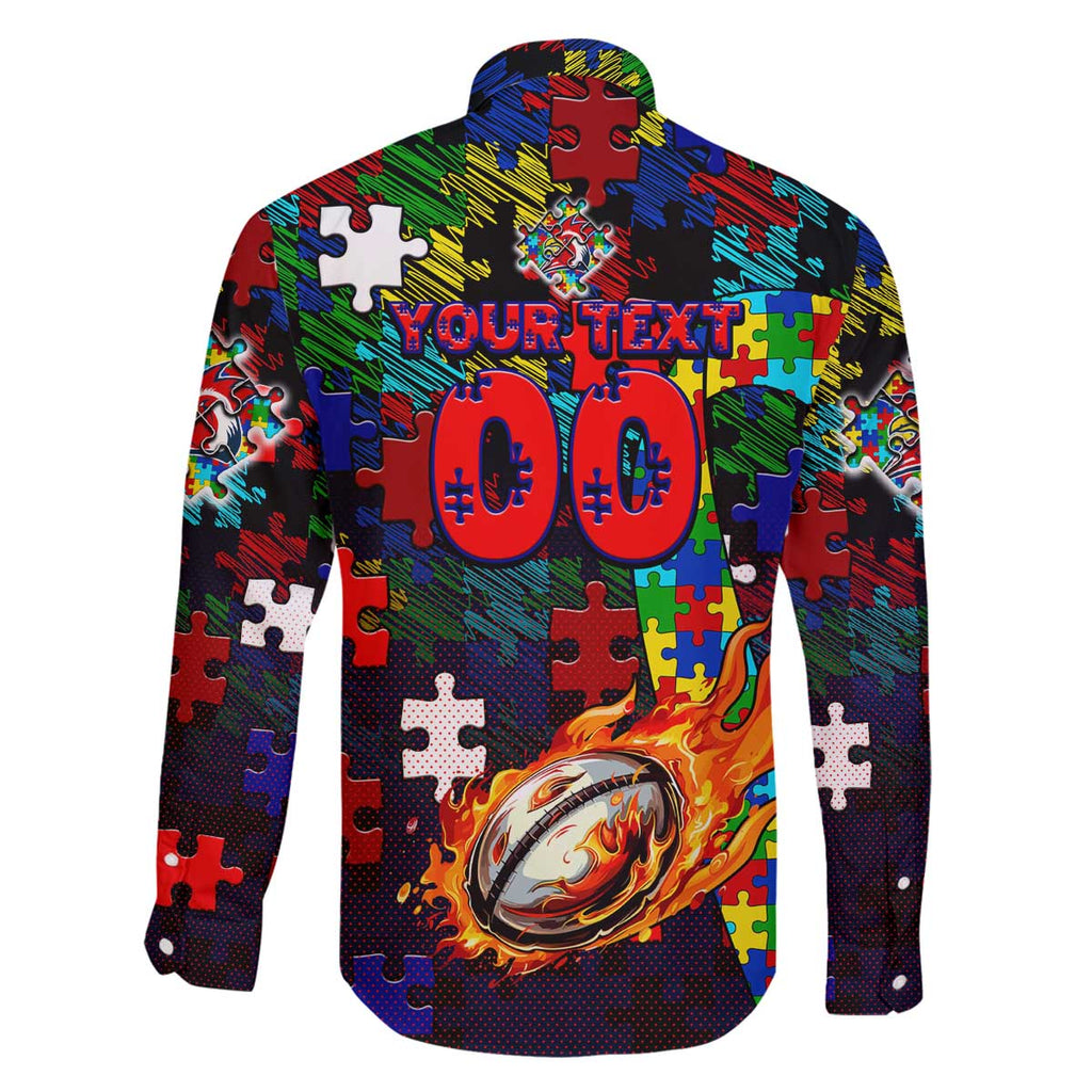 Roosters Autism Awareness Family Matching Off The Shoulder Long Sleeve Dress and Hawaiian Shirt Puzzle Flames Rugby Ball