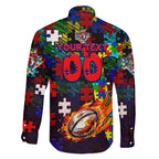 Roosters Autism Awareness Family Matching Off The Shoulder Long Sleeve Dress and Hawaiian Shirt Puzzle Flames Rugby Ball