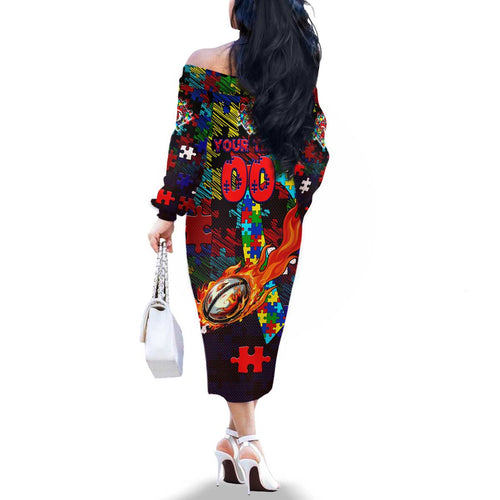 Roosters Autism Awareness Family Matching Off The Shoulder Long Sleeve Dress and Hawaiian Shirt Puzzle Flames Rugby Ball