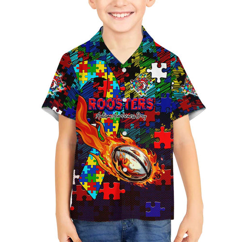Roosters Autism Awareness Family Matching Off The Shoulder Long Sleeve Dress and Hawaiian Shirt Puzzle Flames Rugby Ball