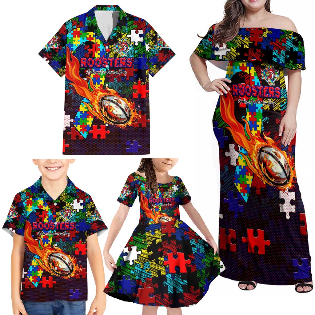 Roosters Autism Awareness Family Matching Off Shoulder Maxi Dress and Hawaiian Shirt Puzzle Flames Rugby Ball