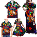 Roosters Autism Awareness Family Matching Off Shoulder Maxi Dress and Hawaiian Shirt Puzzle Flames Rugby Ball