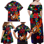 Roosters Autism Awareness Family Matching Off Shoulder Maxi Dress and Hawaiian Shirt Puzzle Flames Rugby Ball