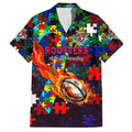 Roosters Autism Awareness Family Matching Off Shoulder Maxi Dress and Hawaiian Shirt Puzzle Flames Rugby Ball
