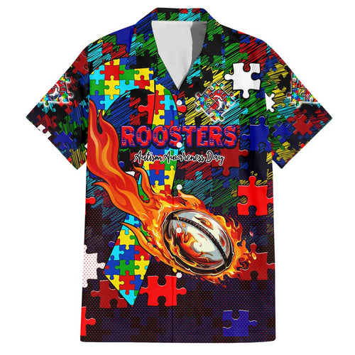 Roosters Autism Awareness Family Matching Off Shoulder Maxi Dress and Hawaiian Shirt Puzzle Flames Rugby Ball