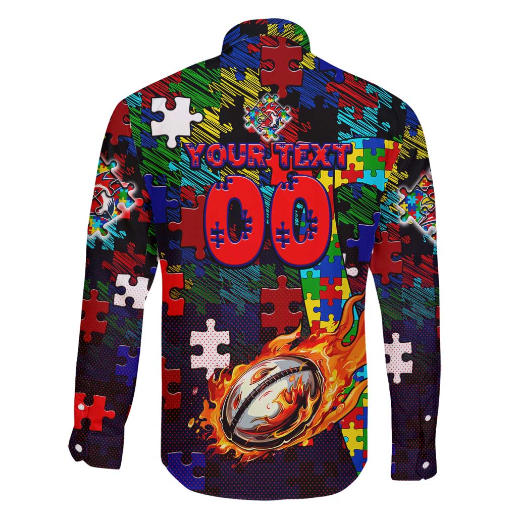 Roosters Autism Awareness Family Matching Off Shoulder Maxi Dress and Hawaiian Shirt Puzzle Flames Rugby Ball