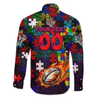 Roosters Autism Awareness Family Matching Off Shoulder Maxi Dress and Hawaiian Shirt Puzzle Flames Rugby Ball