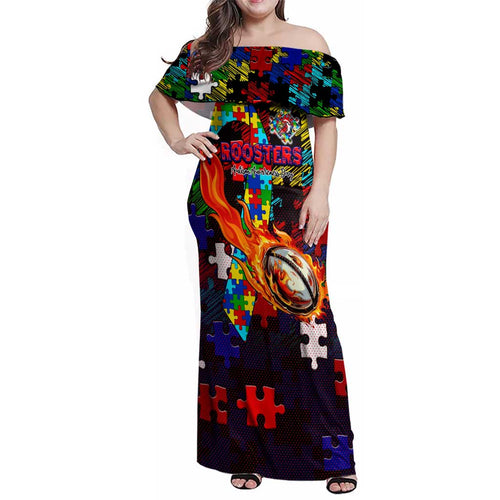 Roosters Autism Awareness Family Matching Off Shoulder Maxi Dress and Hawaiian Shirt Puzzle Flames Rugby Ball