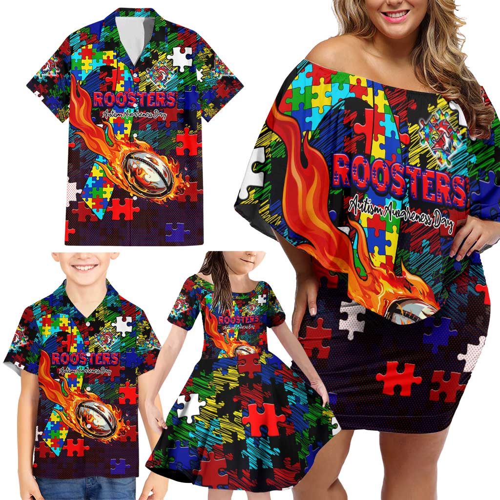 Roosters Autism Awareness Family Matching Off Shoulder Short Dress and Hawaiian Shirt Puzzle Flames Rugby Ball