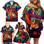 Roosters Autism Awareness Family Matching Off Shoulder Short Dress and Hawaiian Shirt Puzzle Flames Rugby Ball