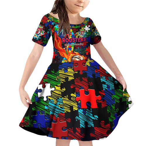 Roosters Autism Awareness Family Matching Off Shoulder Short Dress and Hawaiian Shirt Puzzle Flames Rugby Ball