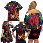 Roosters Autism Awareness Family Matching Off Shoulder Short Dress and Hawaiian Shirt Puzzle Flames Rugby Ball