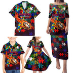 Roosters Autism Awareness Family Matching Puletasi and Hawaiian Shirt Puzzle Flames Rugby Ball