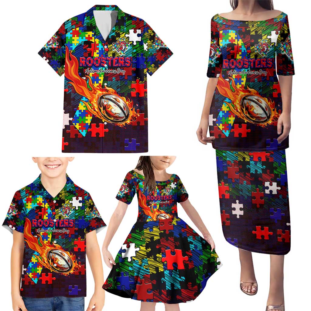 Roosters Autism Awareness Family Matching Puletasi and Hawaiian Shirt Puzzle Flames Rugby Ball