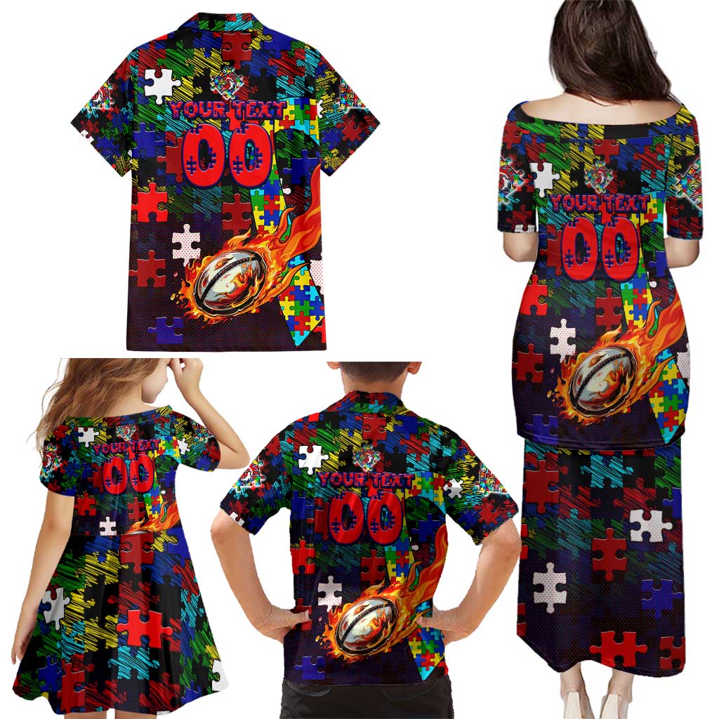Roosters Autism Awareness Family Matching Puletasi and Hawaiian Shirt Puzzle Flames Rugby Ball