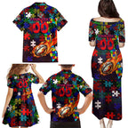 Roosters Autism Awareness Family Matching Puletasi and Hawaiian Shirt Puzzle Flames Rugby Ball