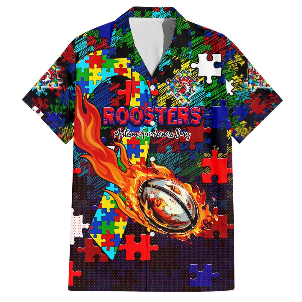 Roosters Autism Awareness Family Matching Puletasi and Hawaiian Shirt Puzzle Flames Rugby Ball