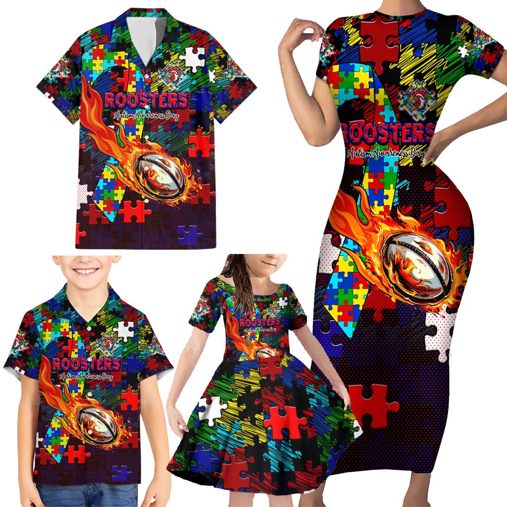 Roosters Autism Awareness Family Matching Short Sleeve Bodycon Dress and Hawaiian Shirt Puzzle Flames Rugby Ball