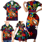 Roosters Autism Awareness Family Matching Short Sleeve Bodycon Dress and Hawaiian Shirt Puzzle Flames Rugby Ball