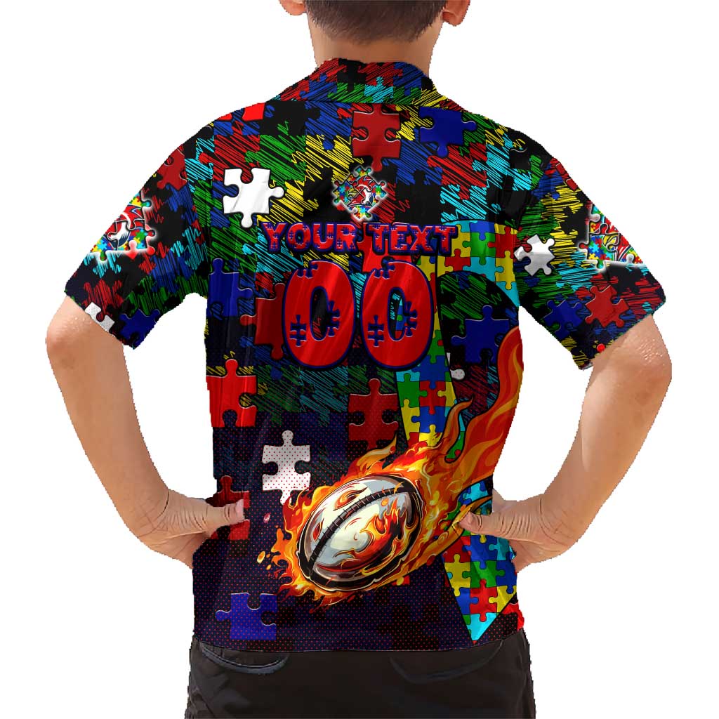 Roosters Autism Awareness Family Matching Short Sleeve Bodycon Dress and Hawaiian Shirt Puzzle Flames Rugby Ball