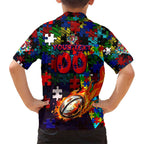 Roosters Autism Awareness Family Matching Short Sleeve Bodycon Dress and Hawaiian Shirt Puzzle Flames Rugby Ball