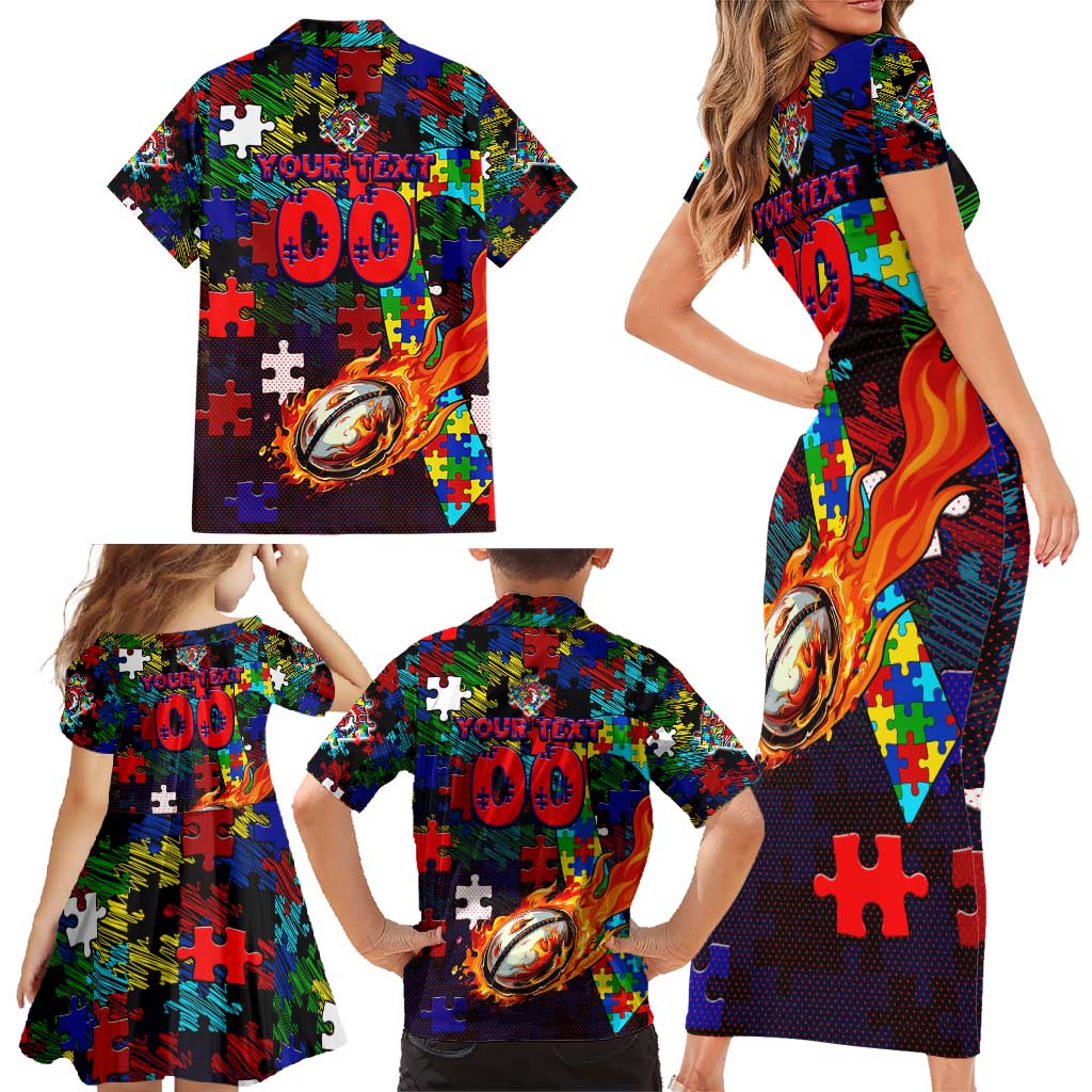 Roosters Autism Awareness Family Matching Short Sleeve Bodycon Dress and Hawaiian Shirt Puzzle Flames Rugby Ball