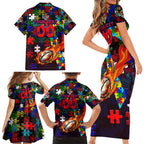 Roosters Autism Awareness Family Matching Short Sleeve Bodycon Dress and Hawaiian Shirt Puzzle Flames Rugby Ball