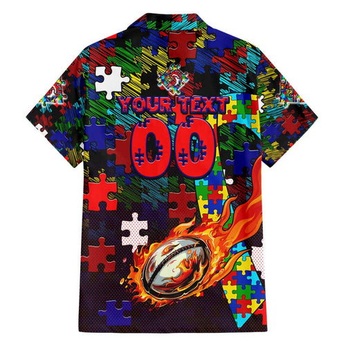 Roosters Autism Awareness Family Matching Short Sleeve Bodycon Dress and Hawaiian Shirt Puzzle Flames Rugby Ball