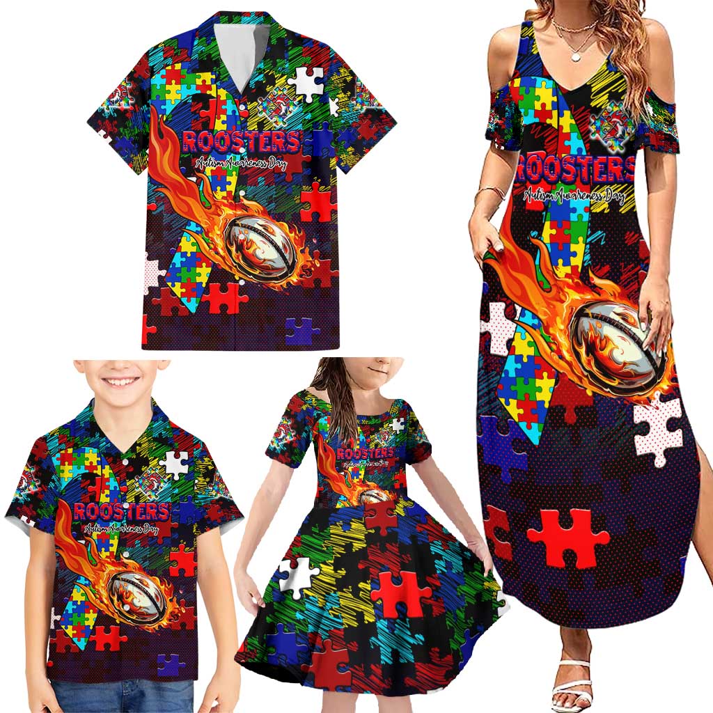 Roosters Autism Awareness Family Matching Summer Maxi Dress and Hawaiian Shirt Puzzle Flames Rugby Ball