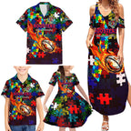 Roosters Autism Awareness Family Matching Summer Maxi Dress and Hawaiian Shirt Puzzle Flames Rugby Ball