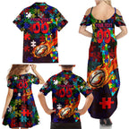 Roosters Autism Awareness Family Matching Summer Maxi Dress and Hawaiian Shirt Puzzle Flames Rugby Ball