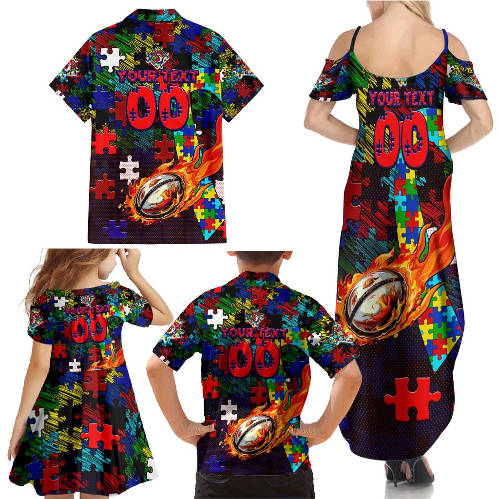 Roosters Autism Awareness Family Matching Summer Maxi Dress and Hawaiian Shirt Puzzle Flames Rugby Ball