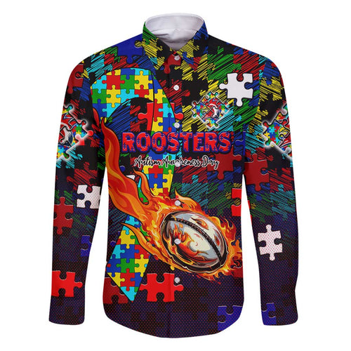 Roosters Autism Awareness Family Matching Summer Maxi Dress and Hawaiian Shirt Puzzle Flames Rugby Ball