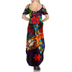 Roosters Autism Awareness Family Matching Summer Maxi Dress and Hawaiian Shirt Puzzle Flames Rugby Ball