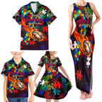 Roosters Autism Awareness Family Matching Tank Maxi Dress and Hawaiian Shirt Puzzle Flames Rugby Ball