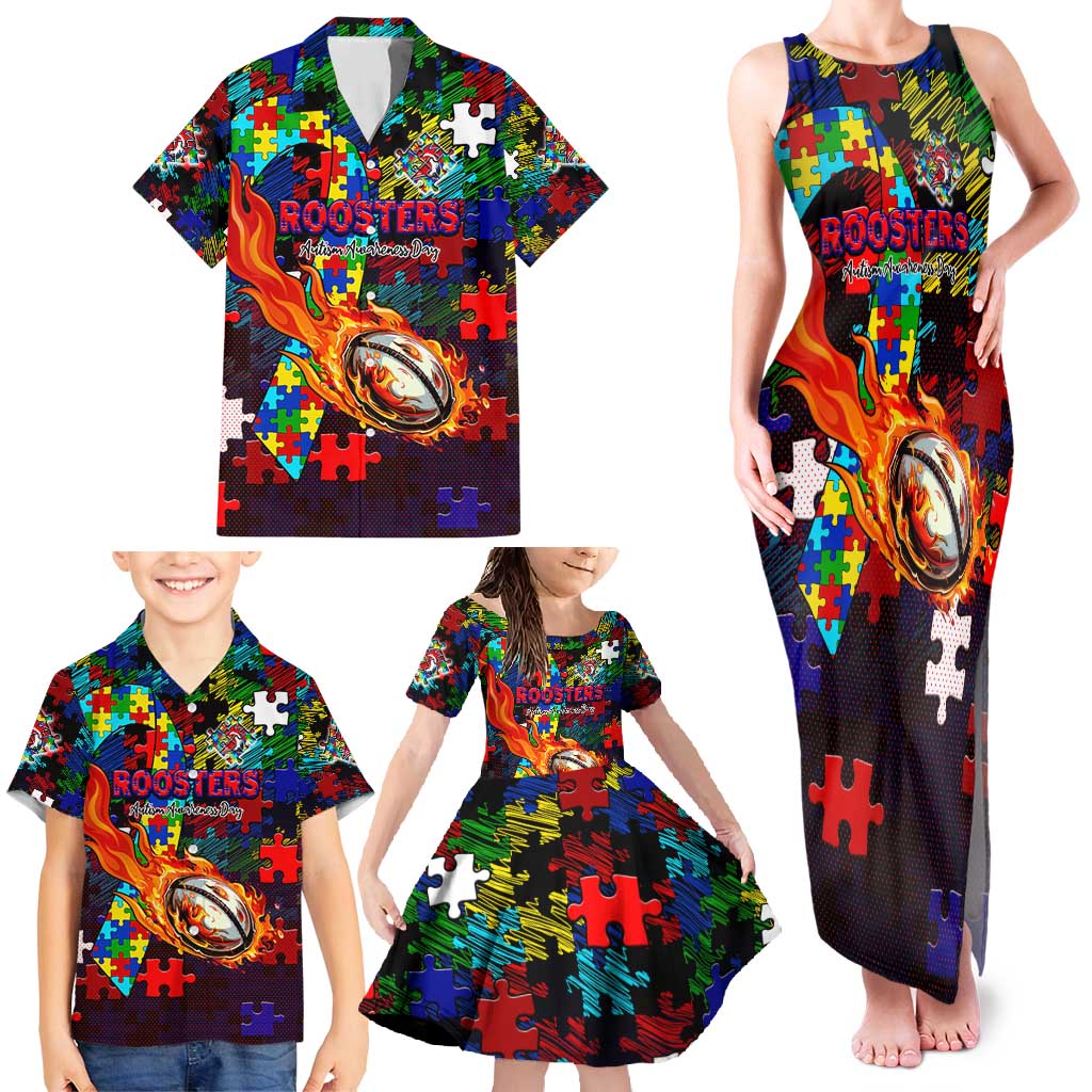 Roosters Autism Awareness Family Matching Tank Maxi Dress and Hawaiian Shirt Puzzle Flames Rugby Ball
